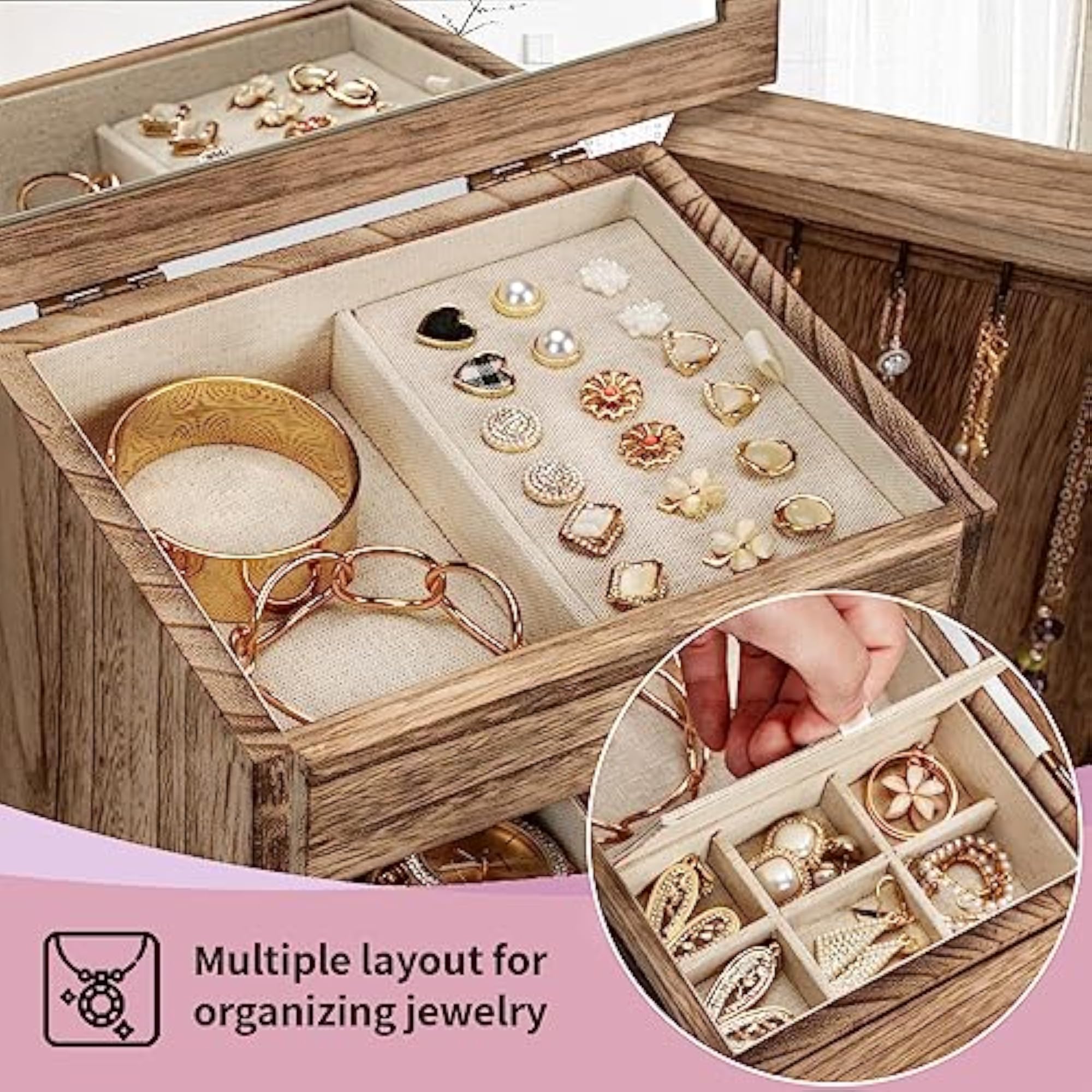 Rustic Wooden Jewelry Organizer Box with Mirror